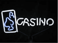 A neon sign that says casino with a horse on it.