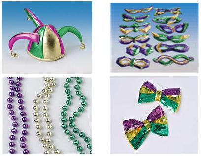 A collection of mardi gras items including beads, masks and hats.