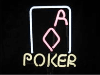 A neon sign that says poker with an ace of spades.