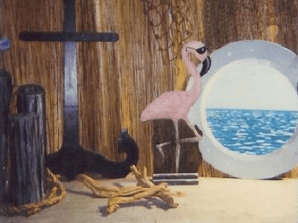 A painting of a cat and flamingo